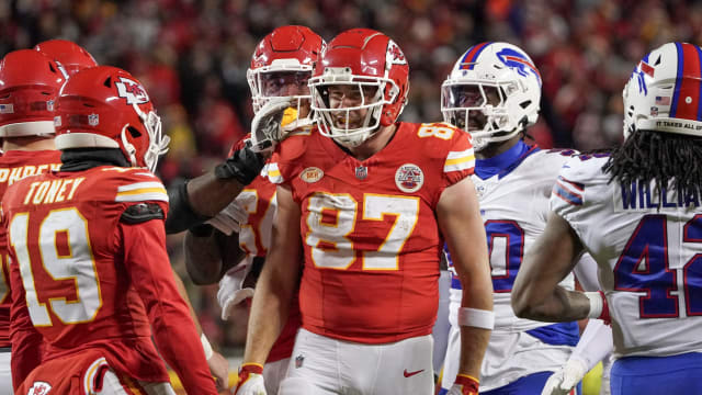 Dec 10, 2023; Kansas City, Missouri, USA; Kansas City Chiefs tight end Travis Kelce (87) celebrates with wide receiver Kadarius Toney (19) after a play against the Buffalo Bills during the second half at GEHA Field at Arrowhead Stadium. Mandatory Credit: Denny Medley-USA TODAY Sports  